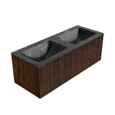 MONDIAZ KURVE-DLUX 120cm badmeubel kleur Walnut met 1 lade. Wastafel LEAF dubbel zonder kraangat kleur Lava.