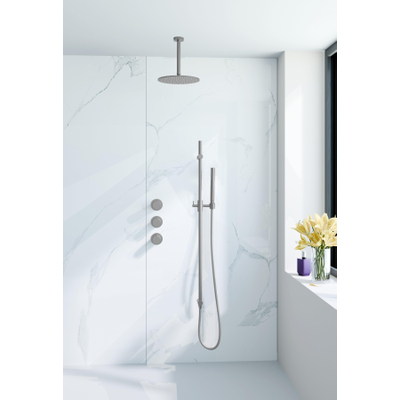 Fortifura Nebbio Ensemble de douche pluie - robinet encastré - élément encastré - barre de douche - flexible de douche lisse - douchette bâton - bras de plafond 20cm - douche de tête 30cm - inox brossé PVD