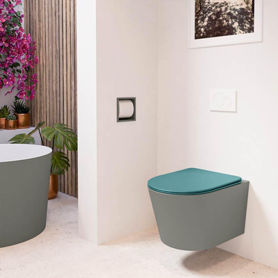 Mondiaz LAVIE hangtoilet – spoelrandloos – 36 x 53 cm – met softclose zitting – Smoke (lichtbruin), zitting Smag (groen)