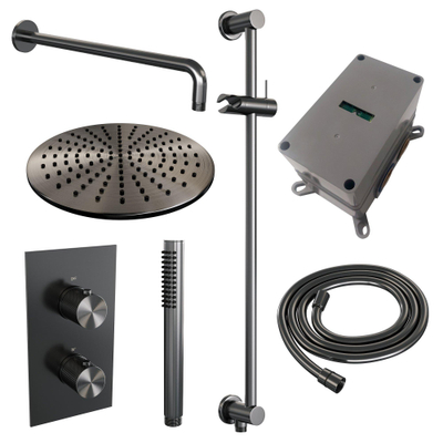 BRAUER Gunmetal Carving inbouw regendoucheset – Ø30 cm hoofddouche – 40 cm gebogen wandarm – staafhanddouche