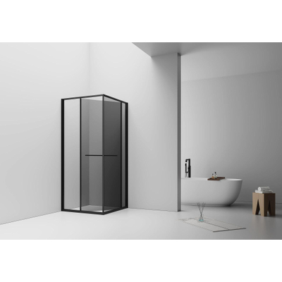Aloni Inslide Douchecabine - 90x90x200cm - rookglas - veiligheidsglas - 6mm - omkeerbaar - zwart mat