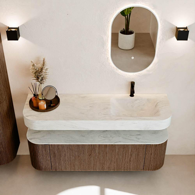 MONDIAZ THOR-DLUX 150cm meuble de salle de bains arrondi gauche + droite couleur Walnut avec 1 tiroir et 2 portes. Vasque suspendue CLOUD Droite 1 trou de robinet couleur Opalo.