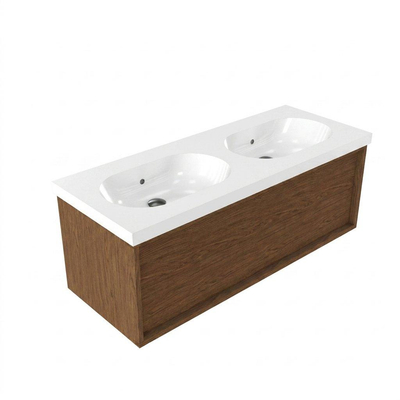 Saniclass Holz Frame Ensemble meuble de salle de bains - 120x45x43.5cm - lavabo en céramique Palermo blanc - 2 vasques - sans trous de robinetterie - 1 tiroir - walnut pure mat (bois)