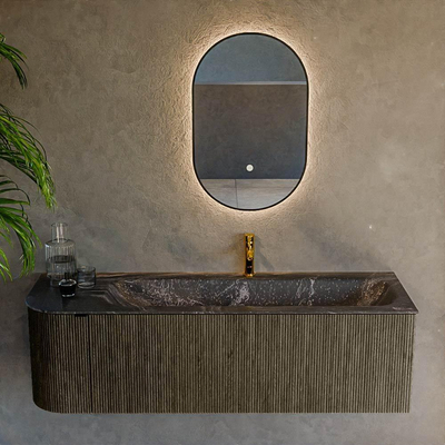 Mondiaz KURVE-DLUX Badkamermeubelset - 145x46x40cm - 1 lade - 1 deur - wastafel solid surface - rechts - 1 kraangat - Shadow