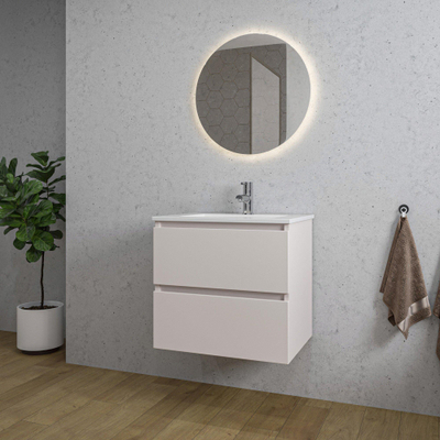 Saniclass Chaci Meuble de salle de bain - 60x46x55cm - lavabo en céramique blanc - 1 vasque - 1 trou de robinet - 2 tiroirs - ronde miroir avec éclairage - mat cotton (beige)