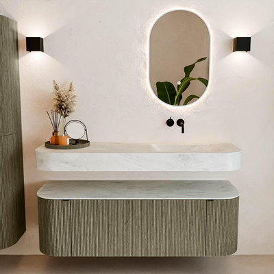 MONDIAZ THOR-DLUX 140cm meuble de salle de bains arrondi gauche + droite couleur Shadow avec 1 tiroir et 2 portes. Vasque suspendue CLOUD Droite sans trou de robinet couleur Opalo.