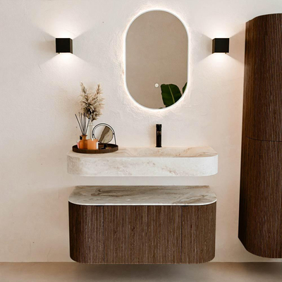 MONDIAZ THOR-DLUX Meuble de salle de bains 100cm arrondi gauche + droite couleur Walnut avec 1 tiroir et 2 portes. Vasque suspendue CLOUD Droite 1 trou de robinet couleur Frappe.