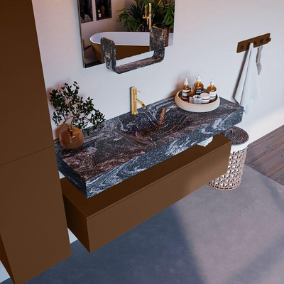 Mondiaz ALAN-DLUX Ensemble de meuble - 130cm - meuble Rust mat - 1 tiroir - Lavabo Cloud Lava suspendu - vasque Centre - 1 trou de robinet