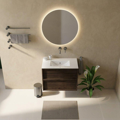 Saniclass Holz Frame Ensemble de meubles de salle de bains - 80x45x62cm - Vasque Vygo en céramique blanche - 1 bac - sans trou de robinet - 2 tiroirs - chêne charcoal mat (bois)