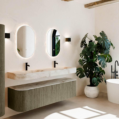 MONDIAZ THOR-DLUX 170cm meuble de salle de bains arrondi gauche + droite couleur Shadow avec 1 tiroir et 2 portes. Vasque suspendue CLOUD Double 2 trous de robinet couleur Frappe.