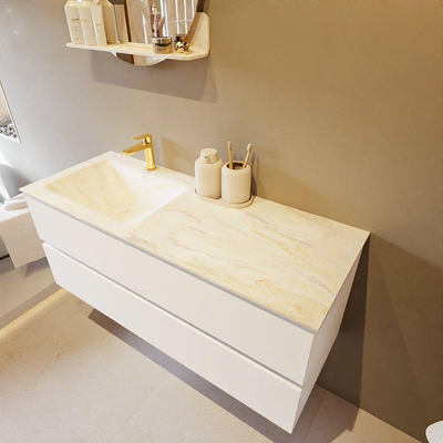 Mondiaz VICA-DLUX Ensemble de meuble de salle de bain - 120cm - meuble sous-vasque talc - 2 tiroirs - lavabo encastré cloud gauche - 1 trou de robinet - version haute de 60cm - ostra