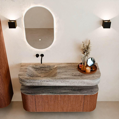 MONDIAZ THOR-DLUX Meuble de salle de bains - 130cm - arrondi gauche + droite - couleur Ruby - 1 tiroir - 2 portes - Vasque suspendue CLOUD Gauche sans trou de robinet - couleur Oza