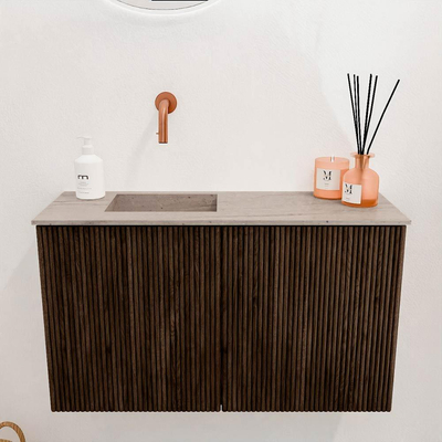 Mondiaz JOYA-DLUX 70cm toiletmeubel - kleur Walnut - Wastafel FAYE positie Links Zonder kraangat kleur Saba.