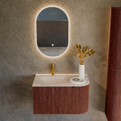 MONDIAZ KURVE-DLUX Meuble de salle de bains 75cm courbe droite couleur Ruby avec 1 tiroir et 1 porte. Lavabo GRUNNE gauche 1 trou de robinet Meli.