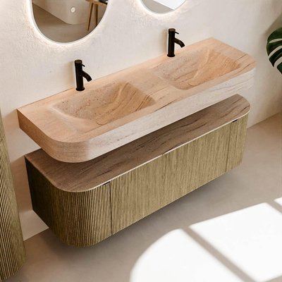 MONDIAZ THOR-DLUX 140cm meuble de salle de bains arrondi gauche + droite couleur Dusk avec 1 tiroir et 2 portes. Vasque suspendue CLOUD Double 2 trous de robinet couleur Saba.