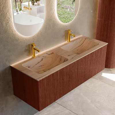 MONDIAZ KURVE-DLUX Meuble de salle de bains 130cm couleur Ruby avec 2 tiroirs et 0 portes. Lavabo LEAF Double 2 trous de robinet Arena.