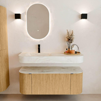 MONDIAZ THOR-DLUX 120cm badmeubel ronding links + rechts kleur Oak met 1 lade en 2 deuren. Vrijhangende wastafel CLOUD Links 1 kraangat kleur Ostra.