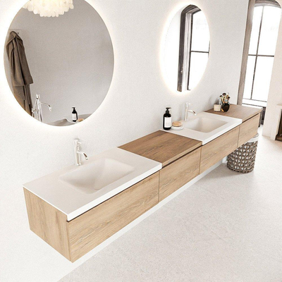 Mondiaz BUKLA badkamermeubelset 280x45x34cm 2 kraangaten 2 wasbakken solid surface Talc greeploos 4 lades met softclose Melamine Washed Oak