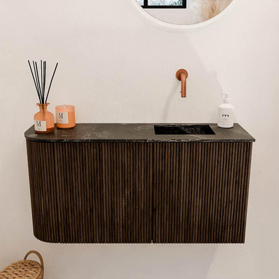 Mondiaz JOYA-DLUX 81.6cm toiletmeubel - ronding links kleur Walnut - Wastafel FAYE positie Rechts Zonder kraangat kleur Lava.