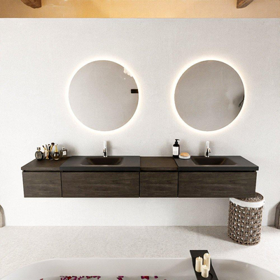 MONDIAZ BUKLA 240cm badmeubel met module 40 rechts kleur Dark Brown met 4 lades. Wastafel CLOUD dubbel 2 kraangaten kleur Urban.