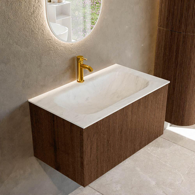 MONDIAZ KURVE-DLUX 80cm badmeubel kleur Walnut met 1 lade. Wastafel BIG SMALL midden 1 kraangat kleur Opalo.