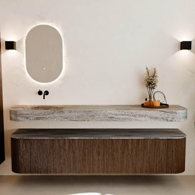 MONDIAZ THOR-DLUX 200cm meuble de salle de bains arrondi gauche + droite couleur Walnut avec 2 tiroirs et 2 portes. Vasque suspendue CLOUD Gauche sans trou de robinet couleur Oza.