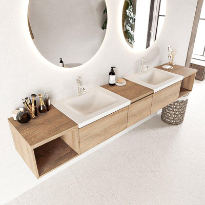 MONDIAZ BUKLA 240cm ensemble de meuble avec module ouvert 40 L+R couleur Chêne blanchi avec 3 tiroirs. Lavabo CLOUD double 2 trous de robinet couleur Talc.
