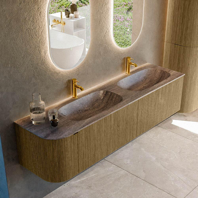 MONDIAZ KURVE-DLUX Meuble de salle de bains 175cm arrondi à gauche couleur Dusk avec 2 tiroirs et 1 porte. Lavabo STOR SMALL Double / Droite 2 trous de robinet Oza.