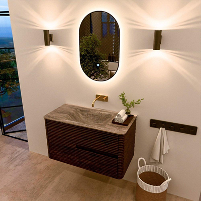Mondiaz CIRO-DLUX Badkamermeubelset - 90x45x50cm - Solid surface wastafel Oza - 1 wasbak Midden - zonder kraangaten - 2 lades - Walnut