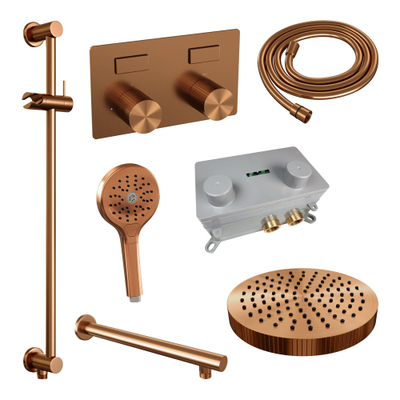 BRAUER Stripe Thermostatische Inbouw Regendouche - drukknoppen - 25cm douchekop - rechte muurarm - 3-standen handdouche - doucheslang - geïntegreerde glijstang - koper geborsteld PVD