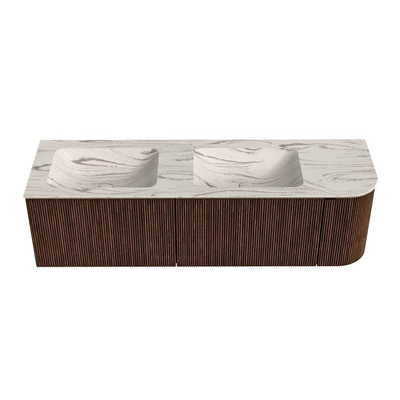 MONDIAZ KURVE-DLUX meuble de salle de bains 155cm arrondi Droite couleur Walnut avec 2 tiroirs et 1 porte. Lavabo LEAF Double / Gauche 2 trous de robinet Nata.