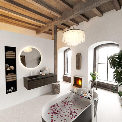 MONDIAZ BUKLA meuble de salle de bain 120 cm avec module 60 couleur Marron Foncé avec 2 tiroirs. Lavabo CLOUD à gauche 1 trou de robinet couleur Urban.