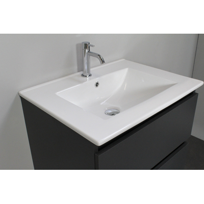Basic Bella Meuble salle de bains avec lavabo céramique Blanc 60x55x46cm 1 trou de robinet avec miroir et éclairage Anthracite mat