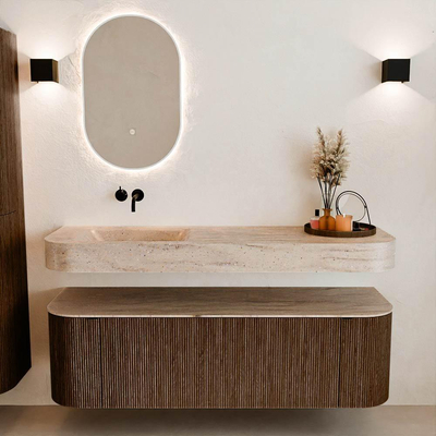 MONDIAZ THOR-DLUX 150cm badmeubel ronding links + rechts kleur Walnut met 1 lade en 2 deuren. Vrijhangende wastafel CLOUD Links zonder kraangat kleur Saba.