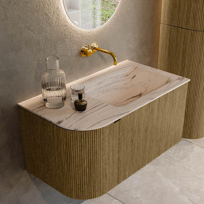 MONDIAZ KURVE-DLUX Meuble de salle de bains 85cm arrondi gauche couleur Dusk avec 1 tiroir et 1 porte. Lavabo CLOUD droit sans trou de robinet Nata.