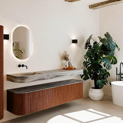 MONDIAZ THOR-DLUX Meuble de salle de bains - 190cm - arrondi gauche + droite - couleur Ruby - 2 tiroirs et 2 portes - Vasque suspendue CLOUD Gauche sans trou de robinet - couleur Sombra