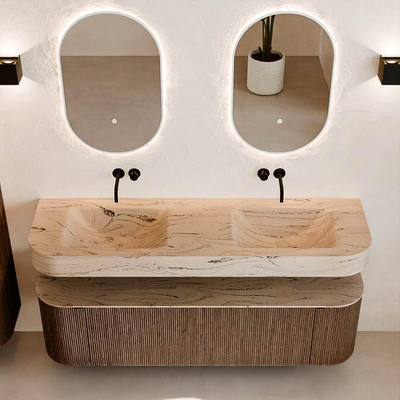 MONDIAZ THOR-DLUX 160cm badmeubel ronding links + rechts kleur Walnut met 1 lade en 2 deuren. Vrijhangende wastafel CLOUD Dubbel zonder kraangat kleur Arena.