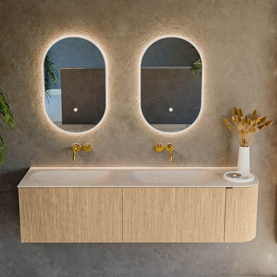 MONDIAZ KURVE-DLUX 165cm badmeubel ronding Rechts kleur Oak met 2 lades en 1 deur. Wastafel STOR SMALL Dubbel / Links zonder kraangat Meli.