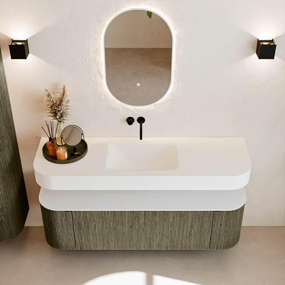 MONDIAZ THOR 150cm meuble de salle de bains arrondi gauche + droite couleur Shadow avec 1 tiroir et 2 portes. Vasque suspendue CLOUD Milieu sans trou de robinet couleur Talc.