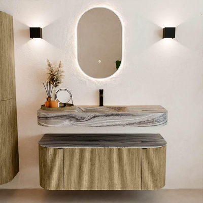 MONDIAZ THOR-DLUX 120cm meuble de salle de bains arrondi gauche + droite couleur Dusk avec 1 tiroir et 2 portes. Vasque suspendue CLOUD Milieu 1 trou de robinet couleur Sombra.