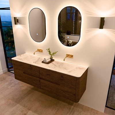 Mondiaz CIRO-DLUX Badkamermeubelset - 160x45x50cm - Solid surface wastafel Frappe - 2 wasbak Dubbel - zonder kraangaten - 4 lades - Dusk