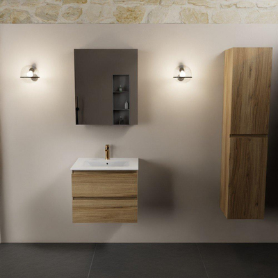 Mondiaz AIVY Ensemble de meuble - 60x45x50cm - 1 trou de robinet - 1 vasque Talc céramique - Centre - 2 tiroirs - avec armoire de toilette - Melamine Chai