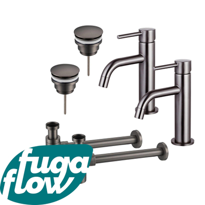 FugaFlow Eccelente Sobrado Badkamer Slim Wastafelkraanset - voor dubbele wastafel - lage wastafelkraan - klikwaste plug - design sifon - PVD Gepolijst Gunmetal