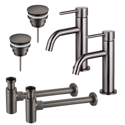 FortiFura Calvi Kit robinet lavabo - pour double vasque - robinet bas - bonde clic clac - siphon design - Gunmetal PVD