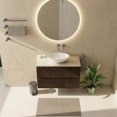Saniclass Holz Atelier Ensemble de meubles de salle de bains - 100x45x63cm - Plan de toilette en pierre naturelle travertin - sans trou de robinetterie - 2 tiroirs - chêne charcoal mat (bois)