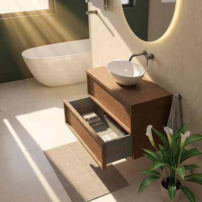 Saniclass Holz Frame Ensemble de meubles de salle de bains - 100x45x62cm - plan de travail en bois - sans trou de robinet - 2 tiroirs - walnut pure mat (bois)