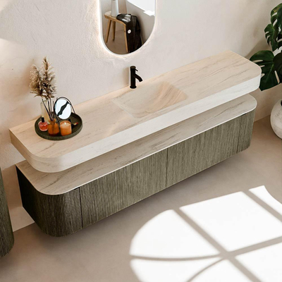 MONDIAZ THOR-DLUX 200cm meuble de salle de bains arrondi gauche + droite couleur Shadow avec 2 tiroirs et 2 portes. Vasque suspendue CLOUD Milieu 1 trou de robinet couleur Meli.