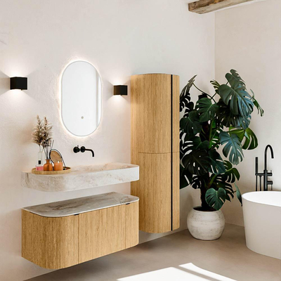 MONDIAZ THOR-DLUX 100cm badmeubel ronding links + rechts kleur Oak met 1 lade en 2 deuren. Vrijhangende wastafel CLOUD Rechts zonder kraangat kleur Frappe.