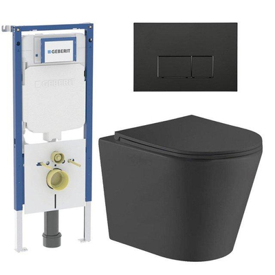 QeramiQ Dely Toiletset - 36.3x51.7cm - diepspoel - rimless - Geberit UP720 inbouwreservoir - softclose toiletzitting - mat zwarte bedieningsplaat - rechtehoekige knoppen - met Burda frame - mat zwart