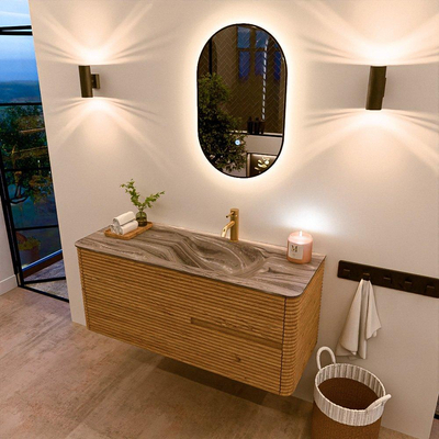Mondiaz CIRO-DLUX Badkamermeubelset - 120x45x50cm - Solid surface wastafel Sombra - 1 wasbak Rechts - 1 kraangat - 2 lades - Oak